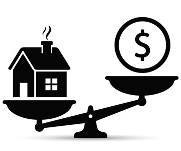 Money and house scales icon. Money and house balance on scale co